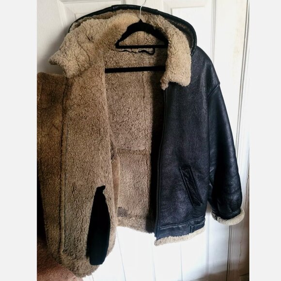 VTG Sheepskin Shearling B3 Hooded Flight Bomber Jacket Handmade Leather Men's L - Picture 7 of 16